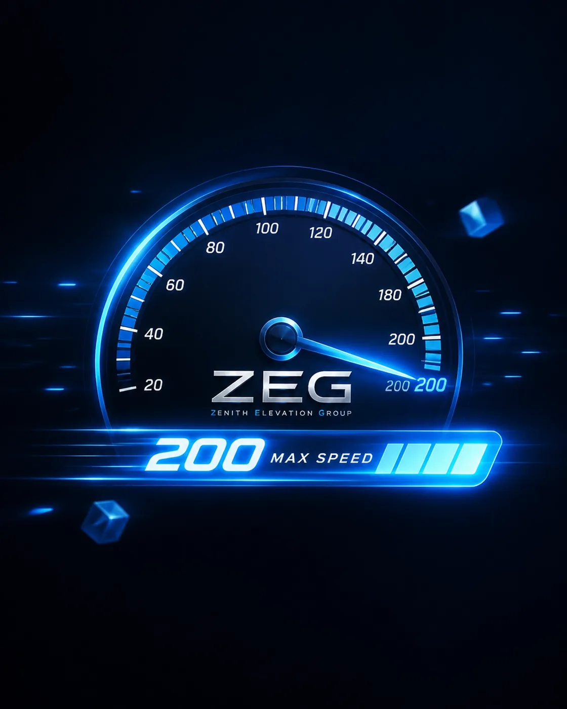 High-tech digital illustration of a glowing speedometer indicating high-performance web speed