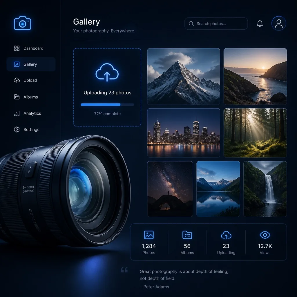 A digital illustration of a camera lens and photo gallery interface with neon blue highlights