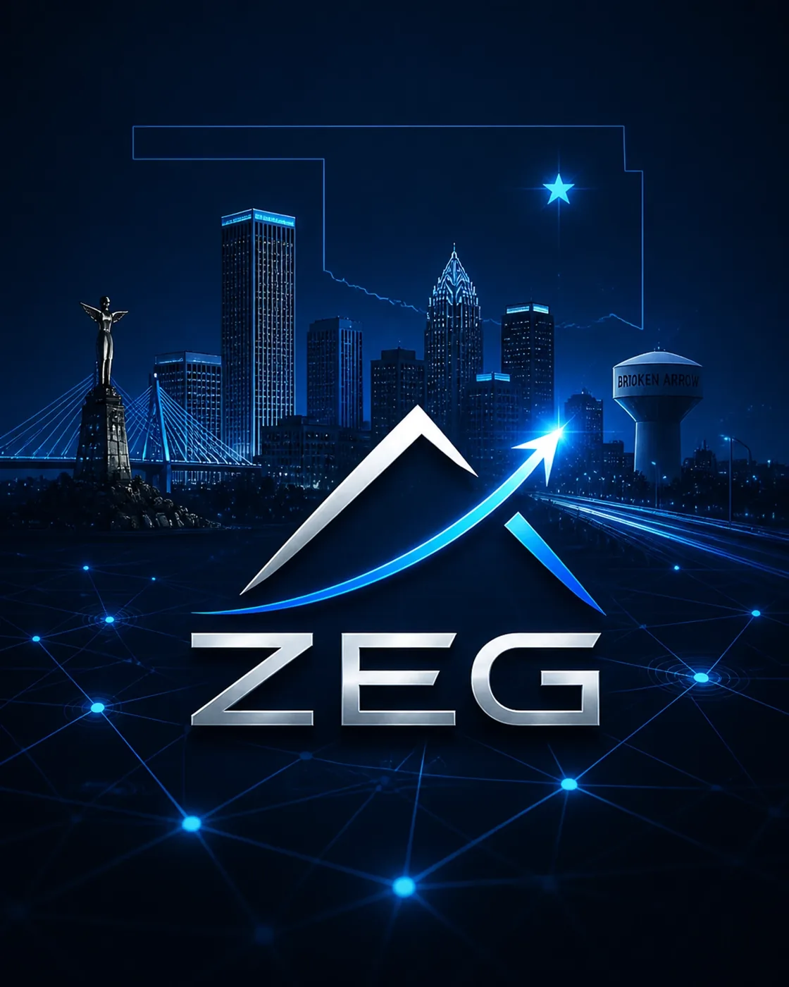 A stylized digital depiction of a city skyline integrated with a glowing digital grid