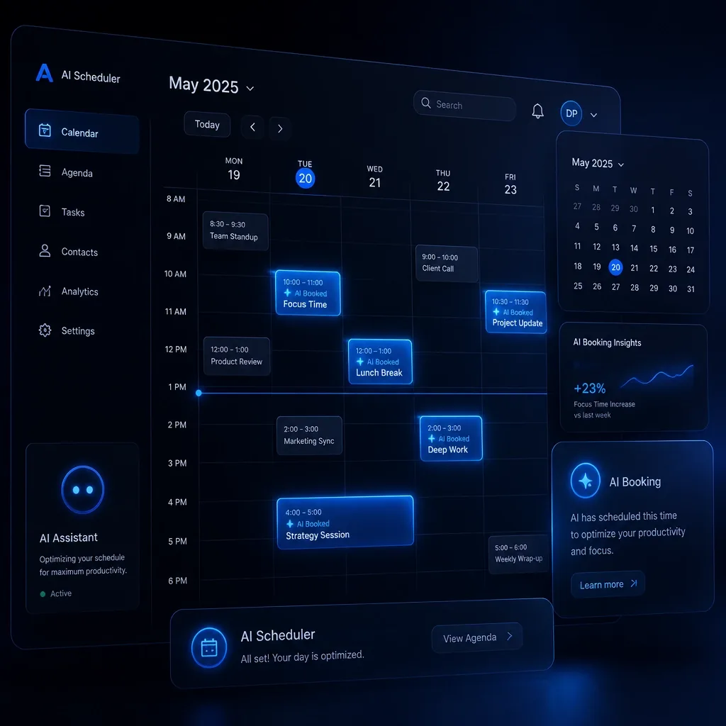 Futuristic digital calendar with neon blue automated bookings