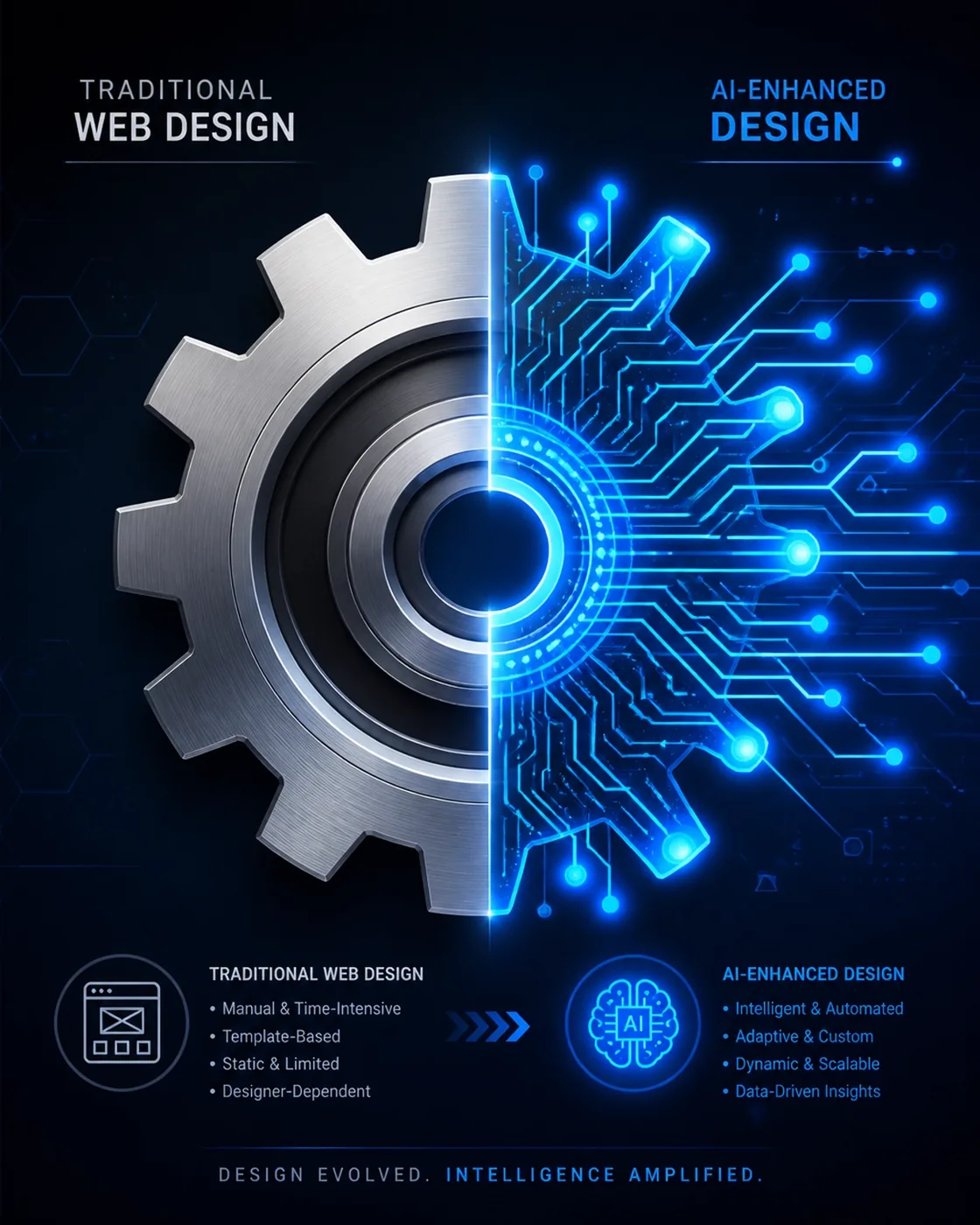 Comparison of traditional mechanical design and glowing digital AI circuits.