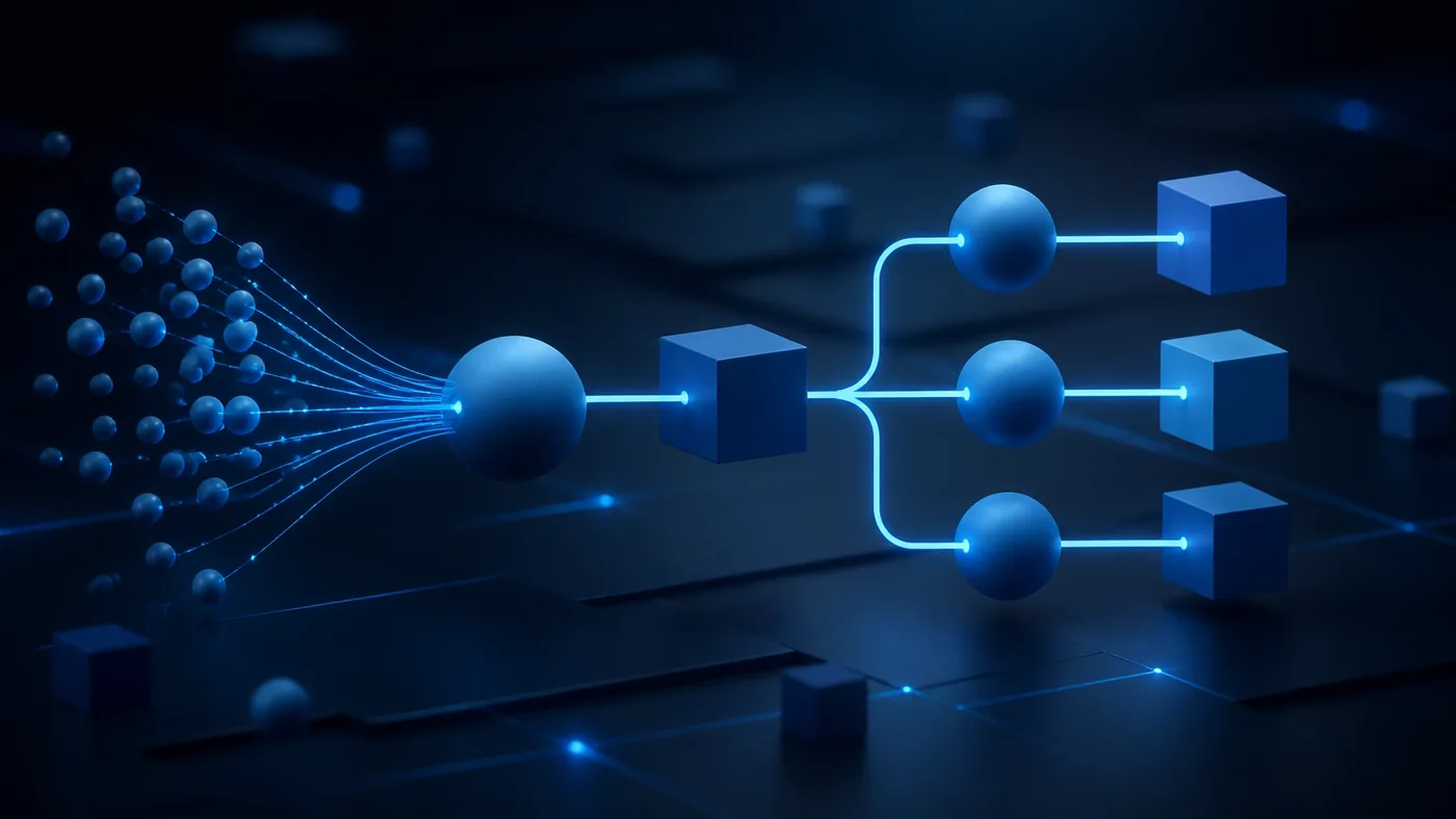 Abstract digital graphic showing a clean flow of data and automation