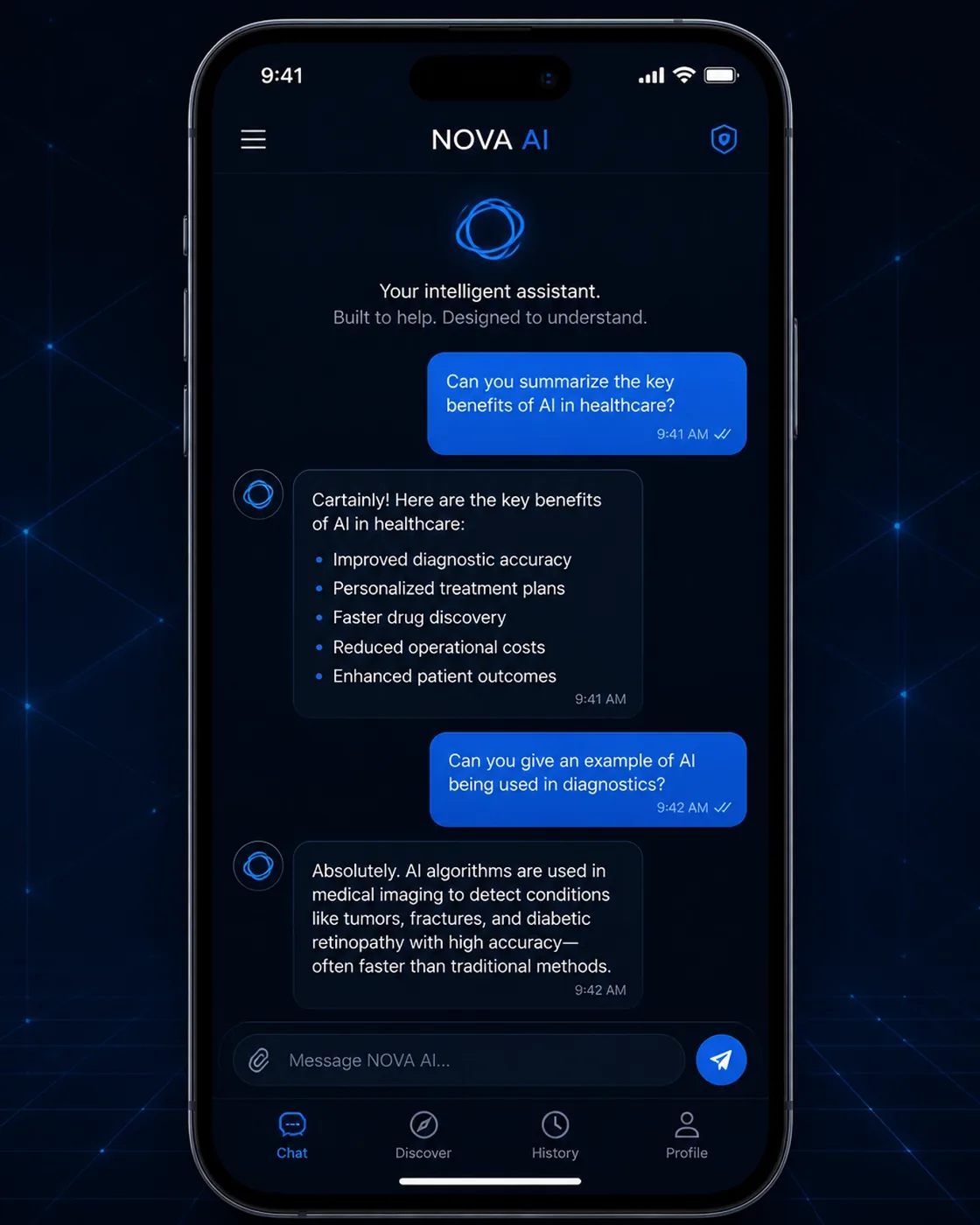 Sleek AI chat interface on a smartphone screen with neon highlights