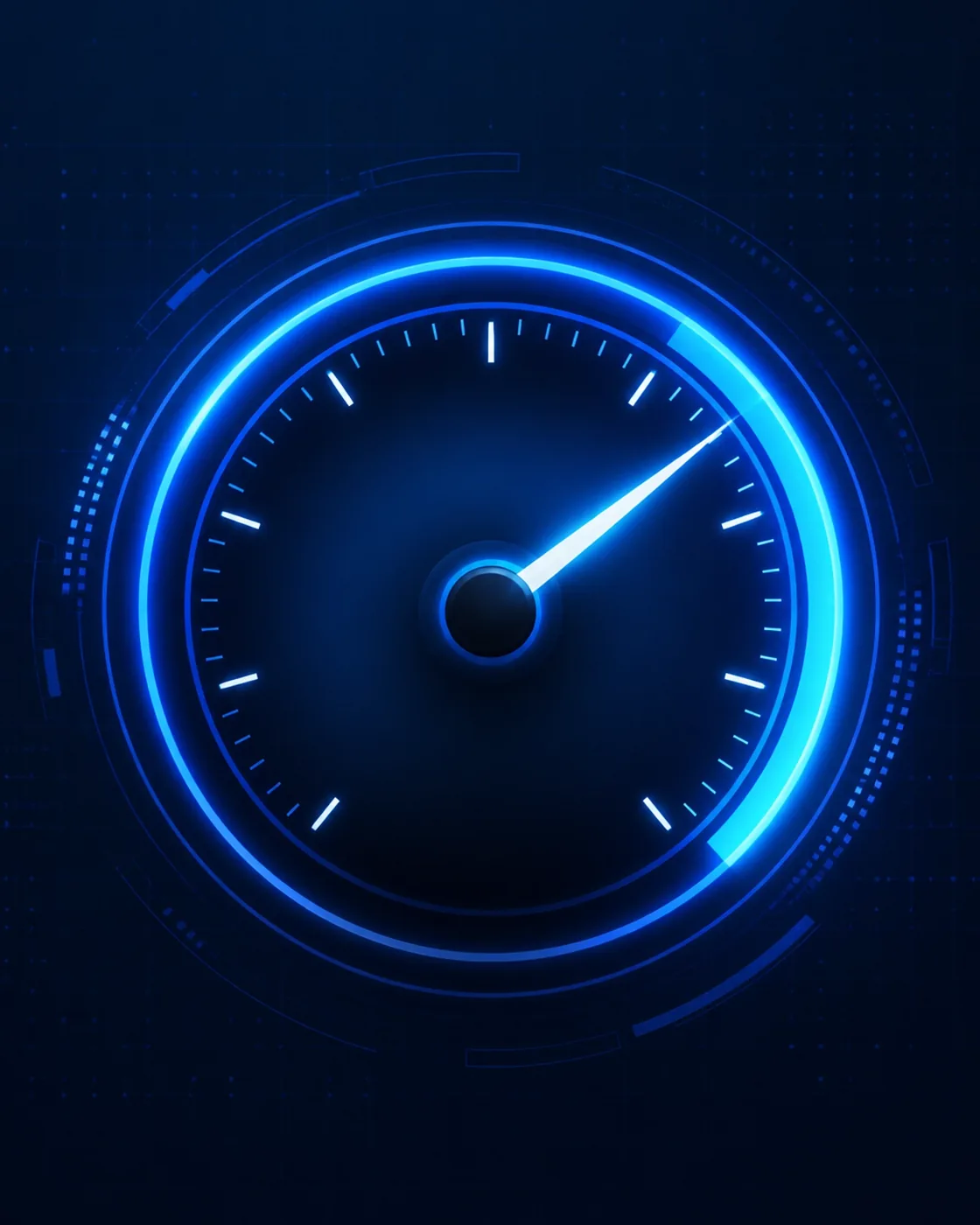 A circular performance gauge glowing with neon electric blue light, representing high-speed website performance.