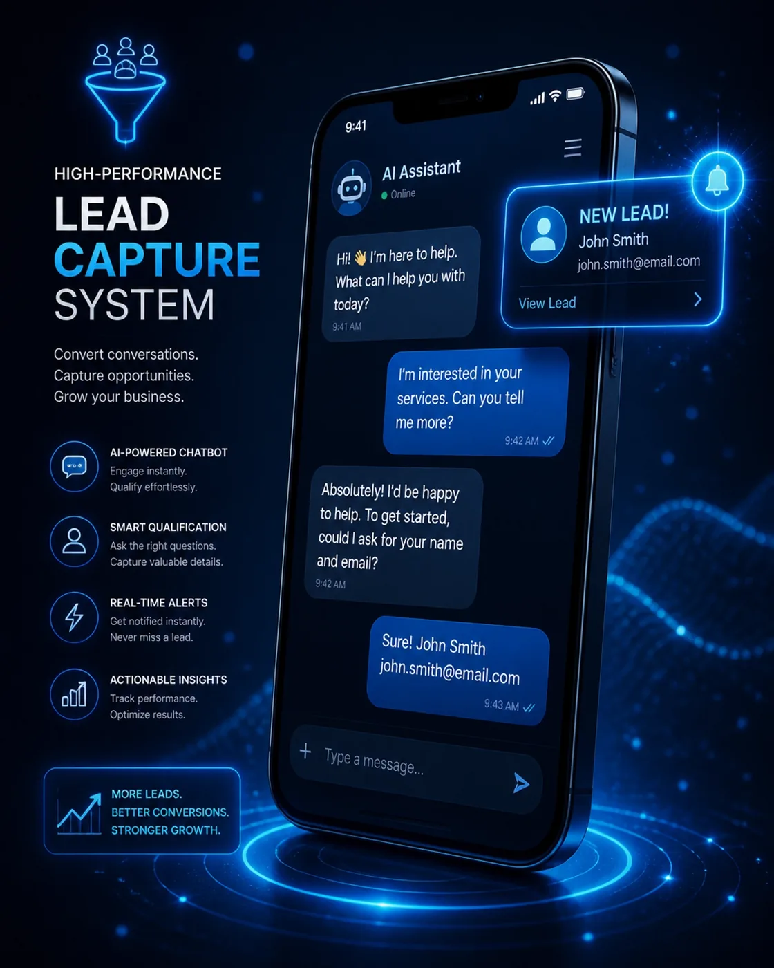 A futuristic lead capture interface showing a chatbot and lead notification.