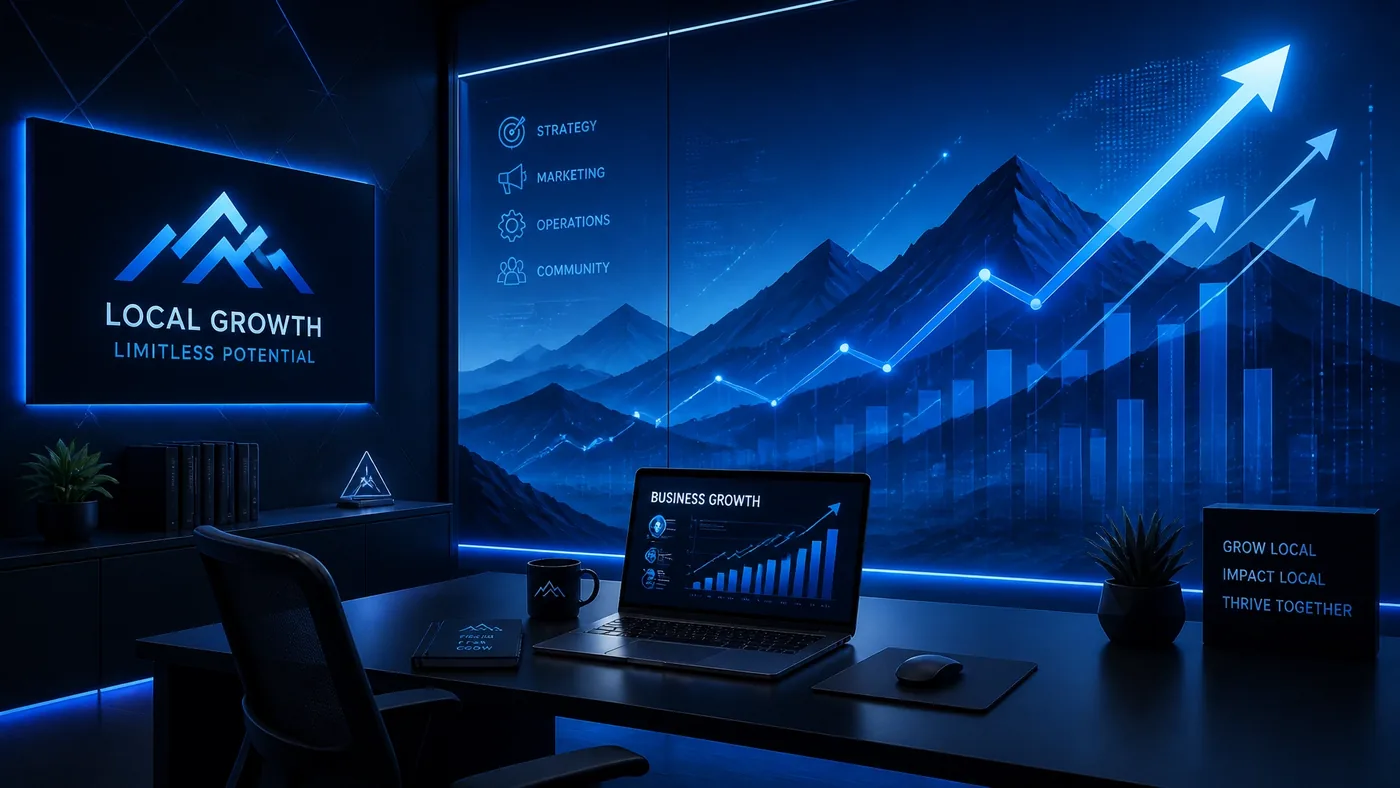 Futuristic abstract workspace representing local business growth and innovation