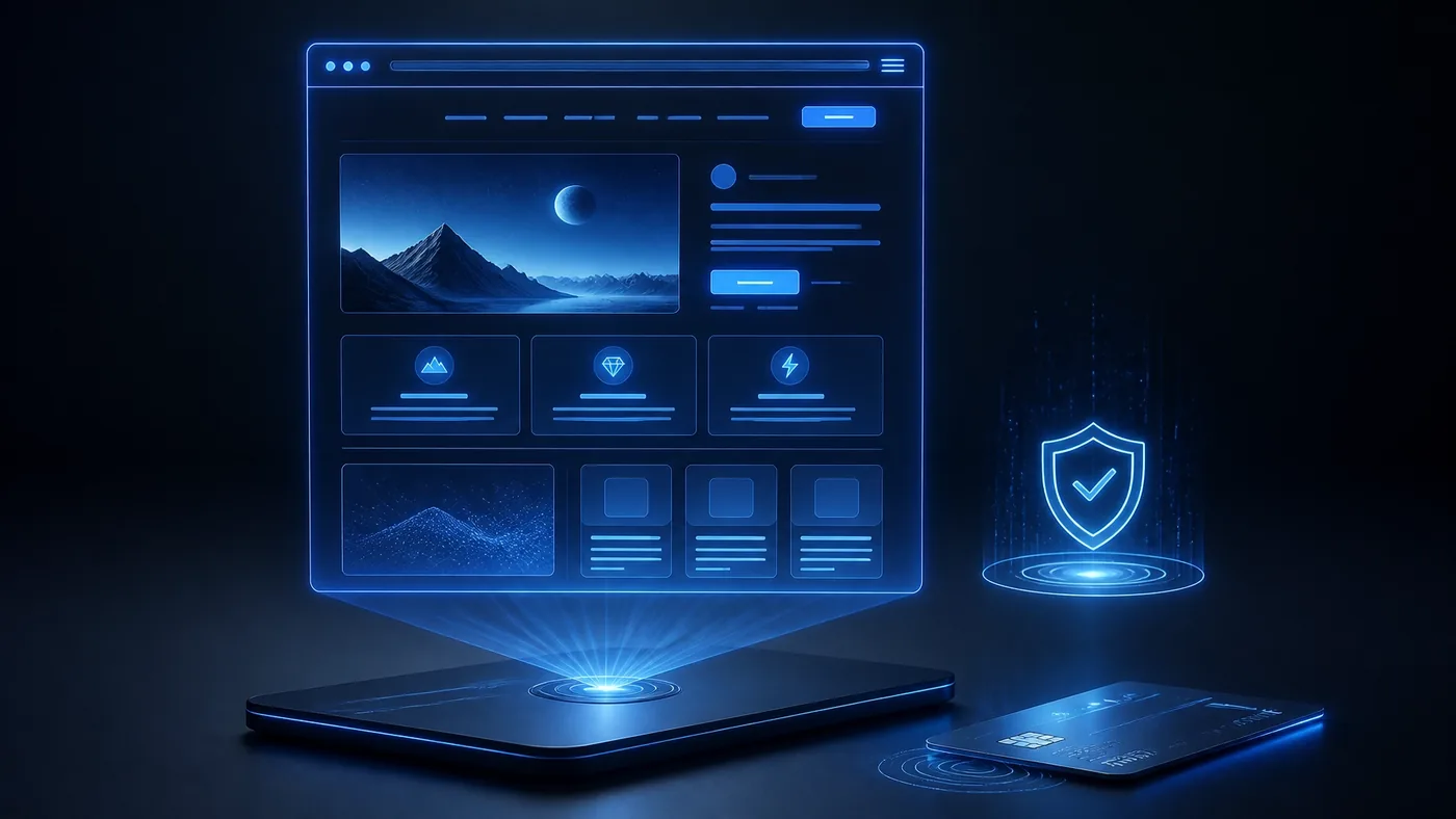 A holographic website layout being projected over a sleek surface, representing the preview-before-you-pay model.