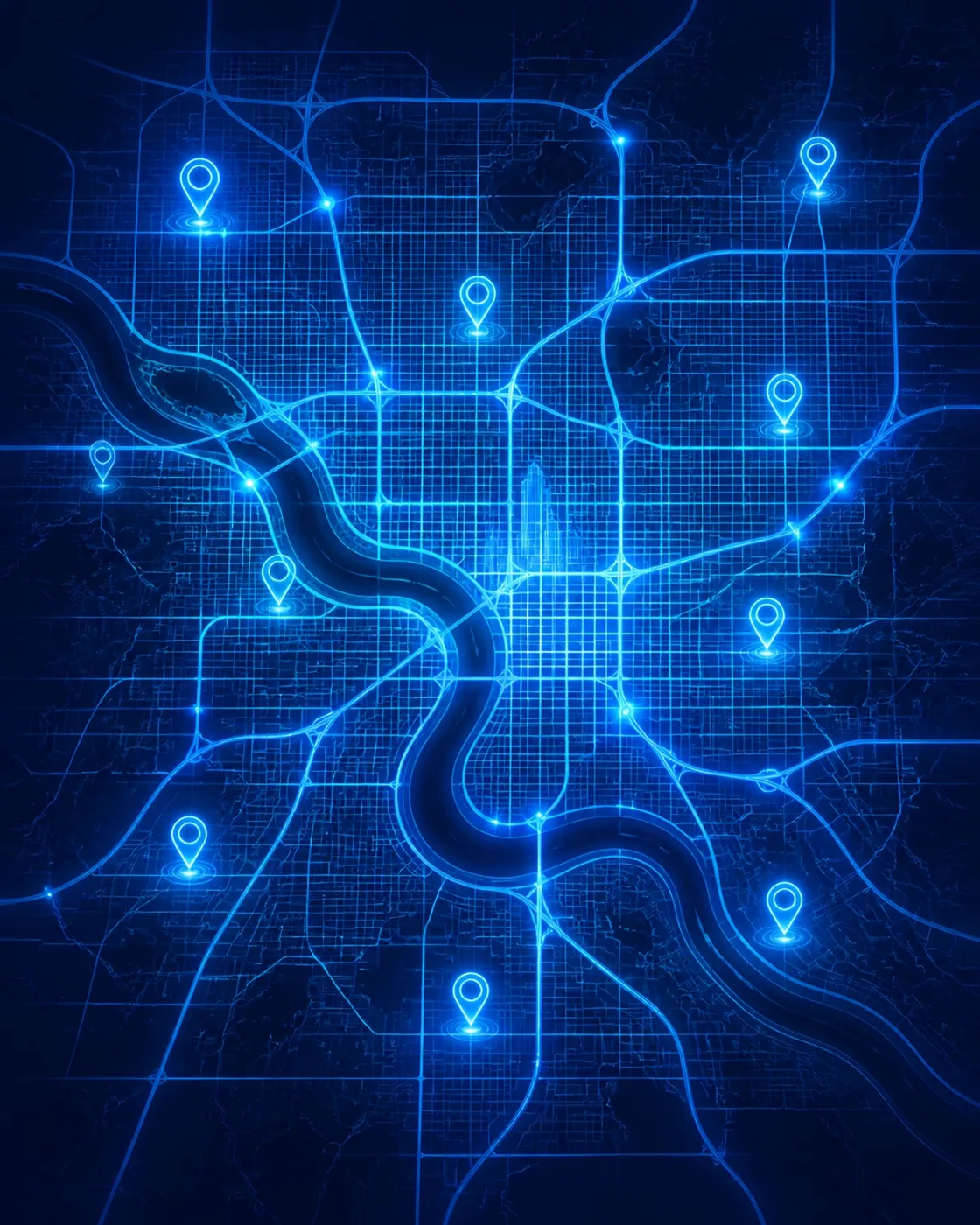 A futuristic map of Tulsa represented by luminous neon blue grid lines and glowing location markers.