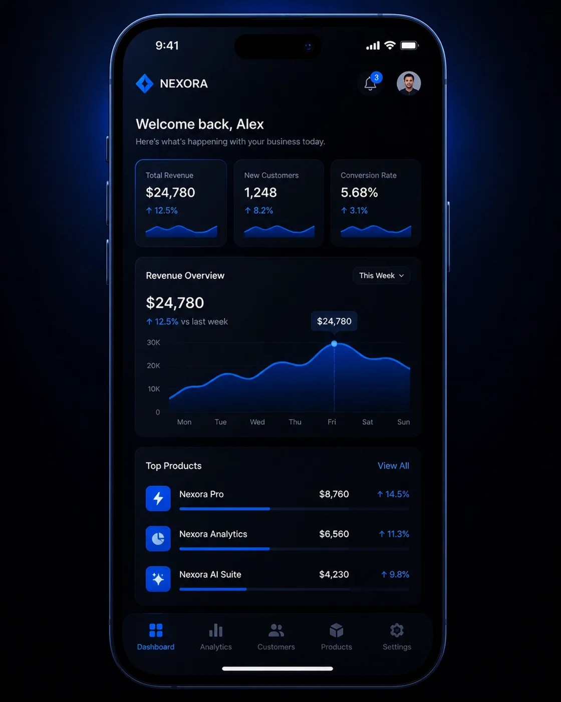 A high-tech digital illustration of a mobile phone screen displaying a sleek, high-performance website dashboard.
