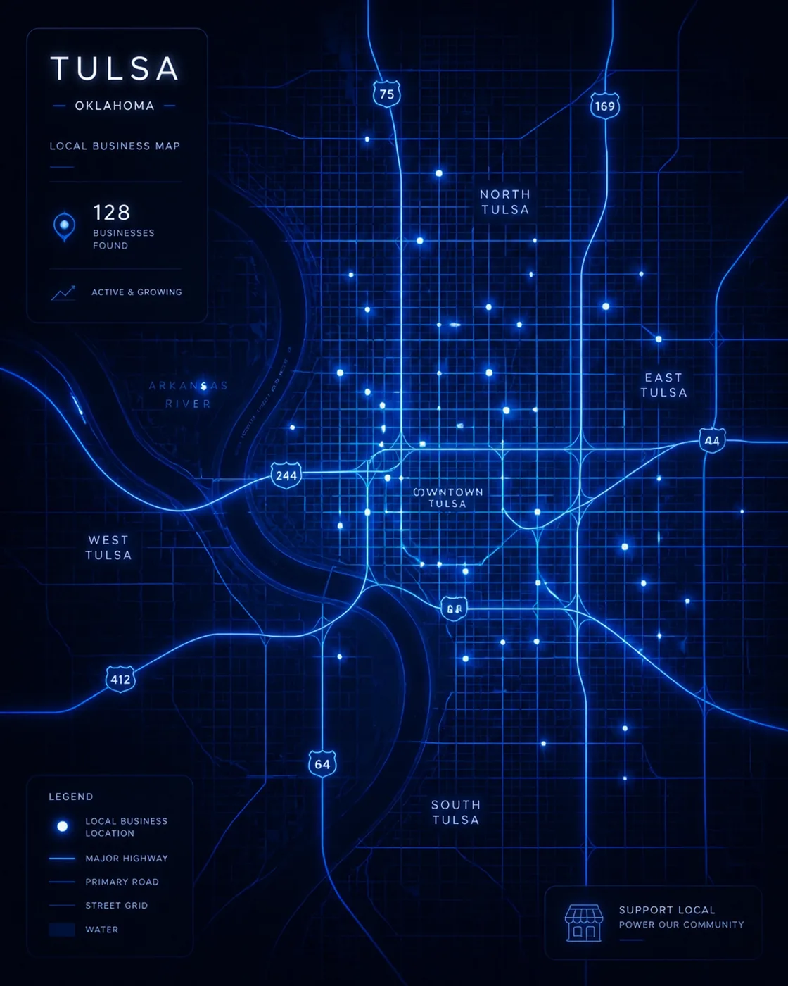 A digital grid map showing glowing nodes representing localized business focus