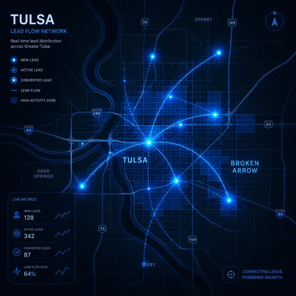 Stylized digital map of Tulsa with glowing lead flow nodes