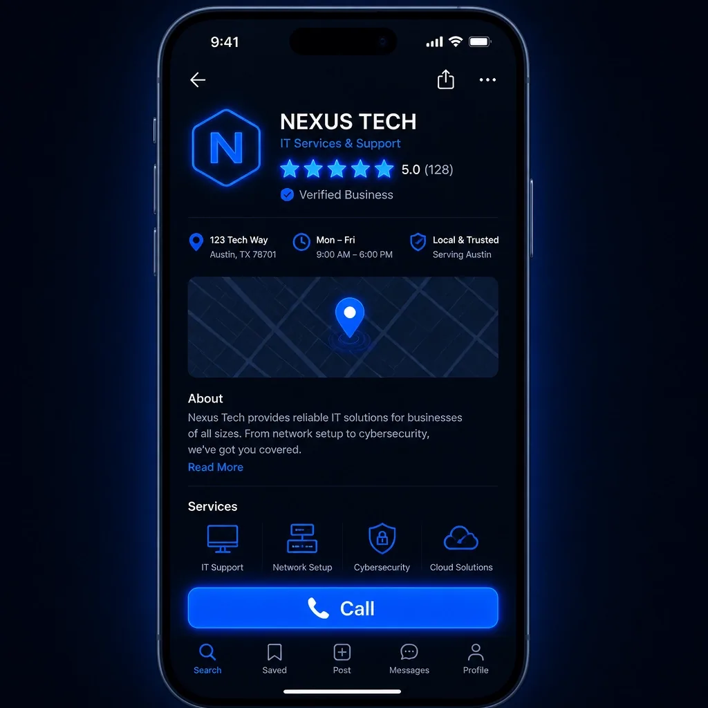A mobile smartphone screen displaying a local business listing with glowing electric blue accents and 5-star icons