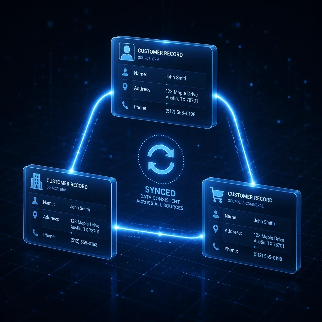 Floating 3D rectangles containing business information connected by glowing light-paths on a dark blue background