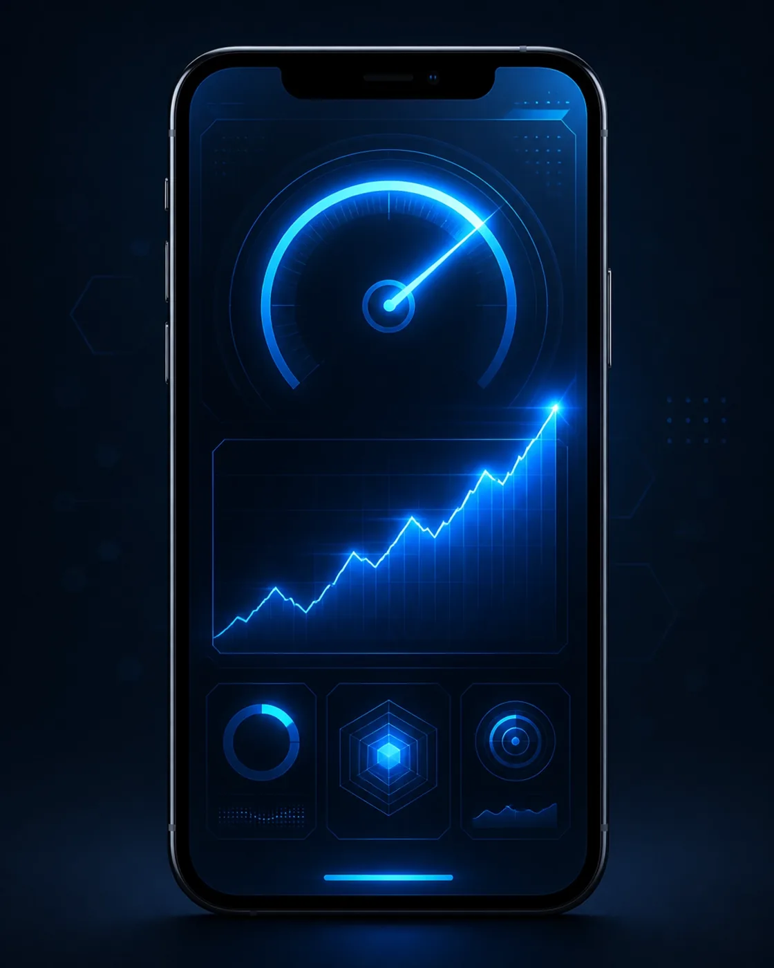 A mobile phone screen showing a high-performance blue line graph indicating speed